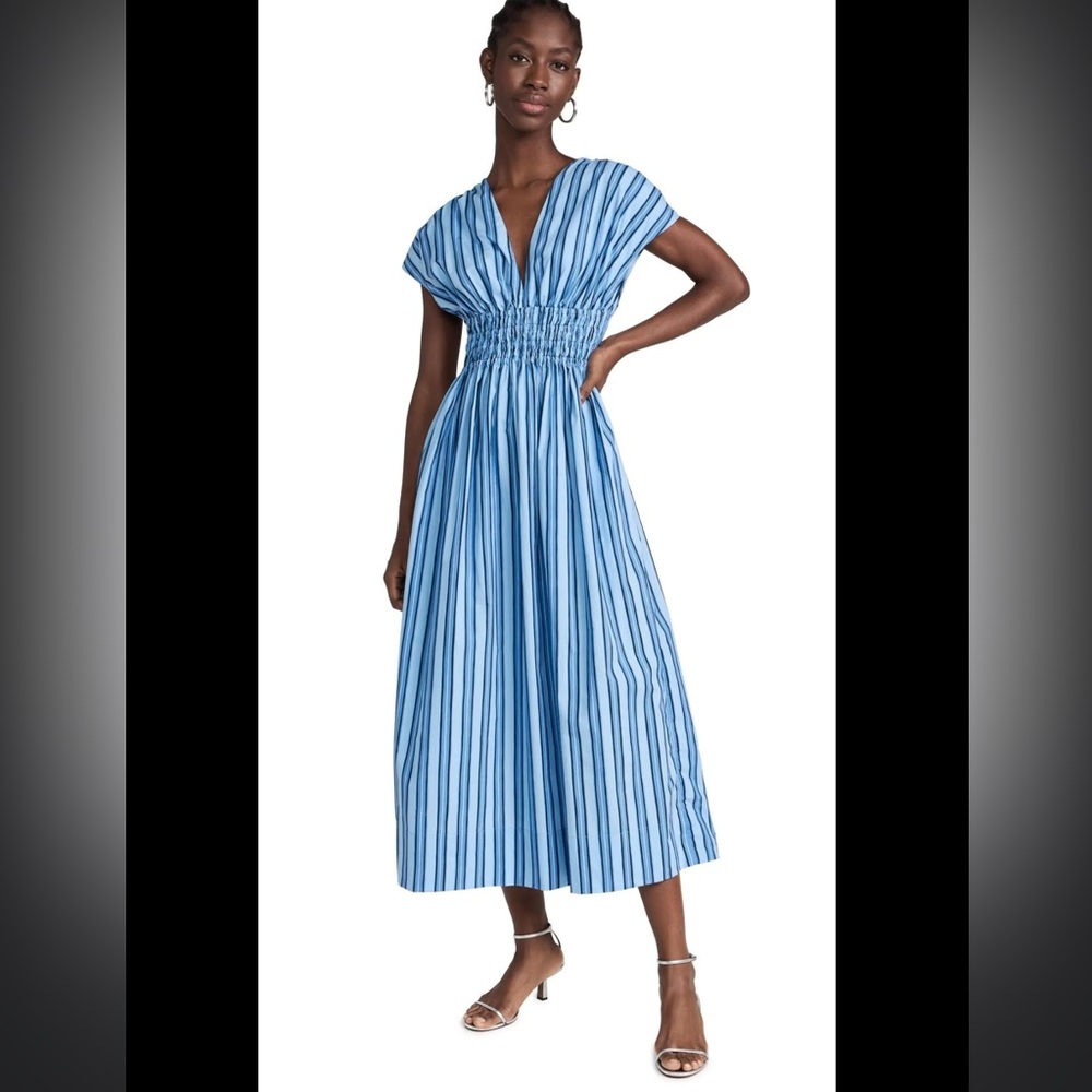 NWOT Faithfull The Brand Agnes Midi Dress Blue stripe Size‎ 6 M v-neck poplin